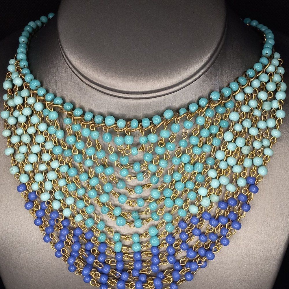 Cleopatra Style Glass Beads Blue‎ Ombre Bib Layered Gold/Brass Tone Necklace